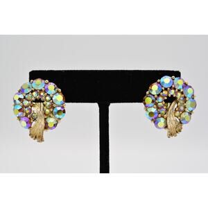 Lisner Vintage Crystal Clip On Earrings Aurora Borealis Gold Signed 1950s Bin4